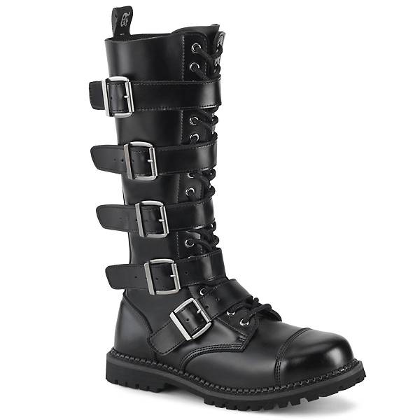 Demonia Riot-18BK Black Leather Stiefel Damen D253-497 Gothic Kniehohe Stiefel Schwarz Deutschland SALE
